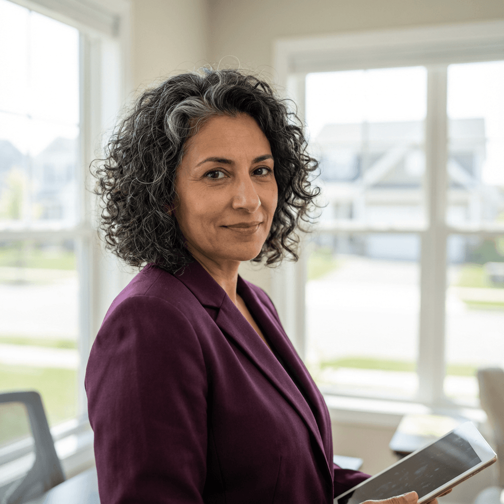 Female property manager near residential EV chargers