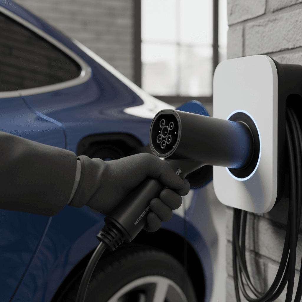 Plugging an EV charger into a car at home