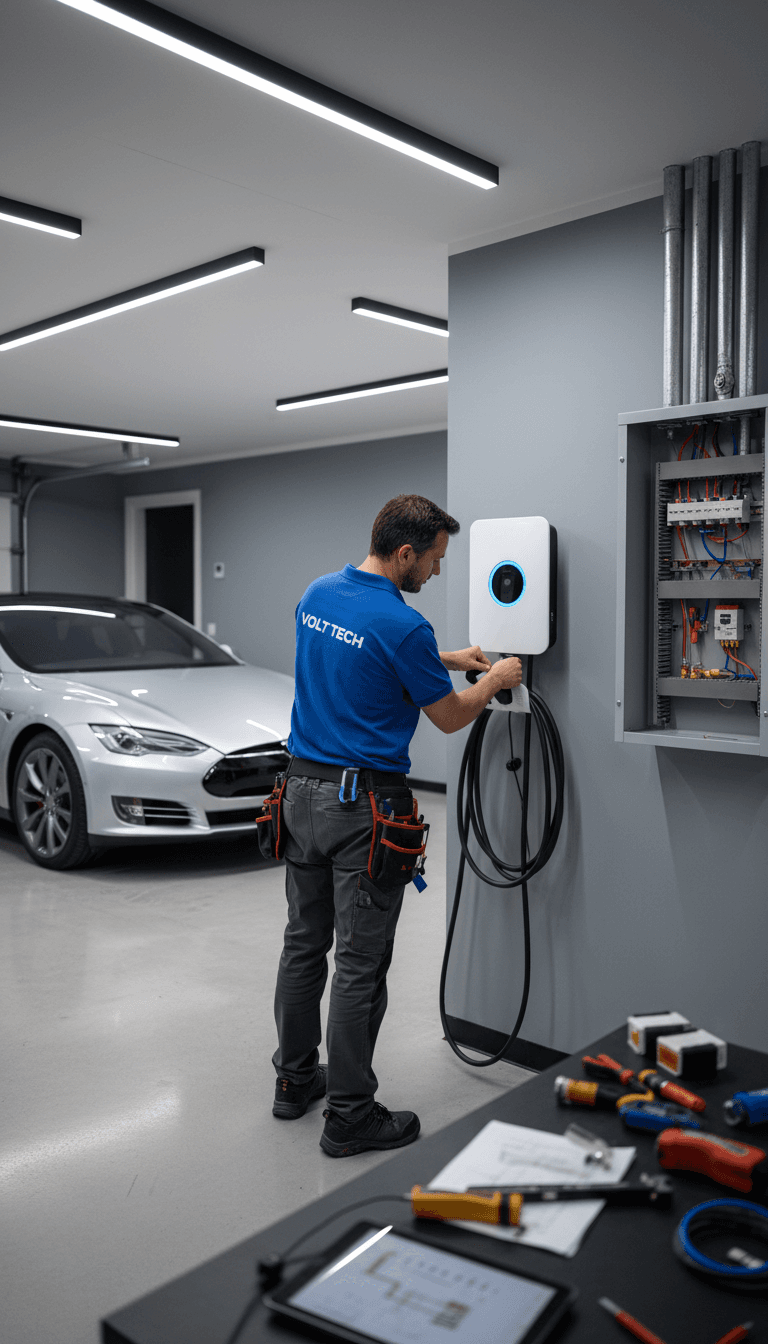 Electrician installing a wall mounted EV charger in a modern residential garage