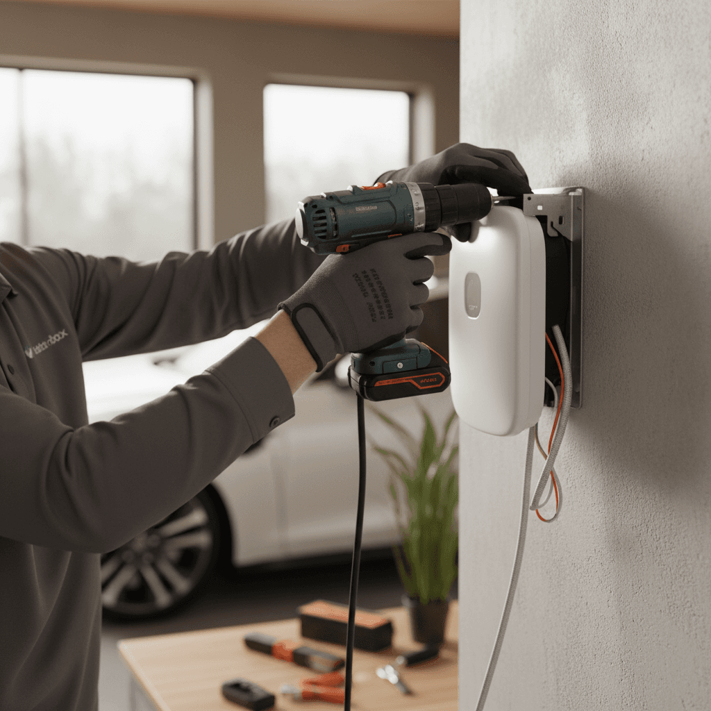 Clean wall-mounted EV charger installed in a modern garage