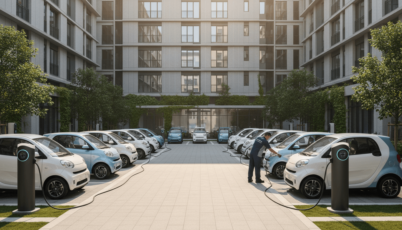 Multiple EV chargers installed in a parking facility