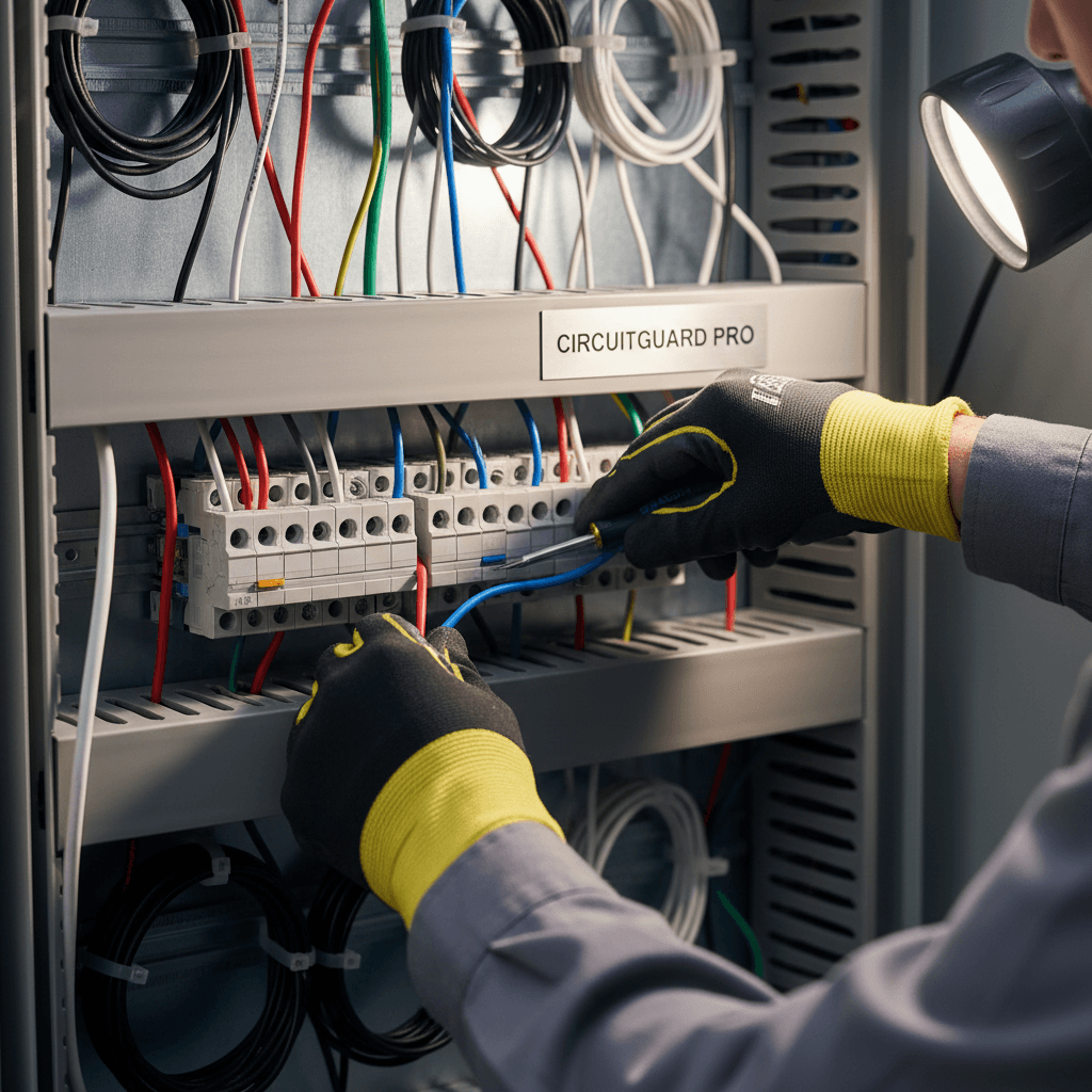 Close-up of electrician hands installing wiring into an EV charger unit