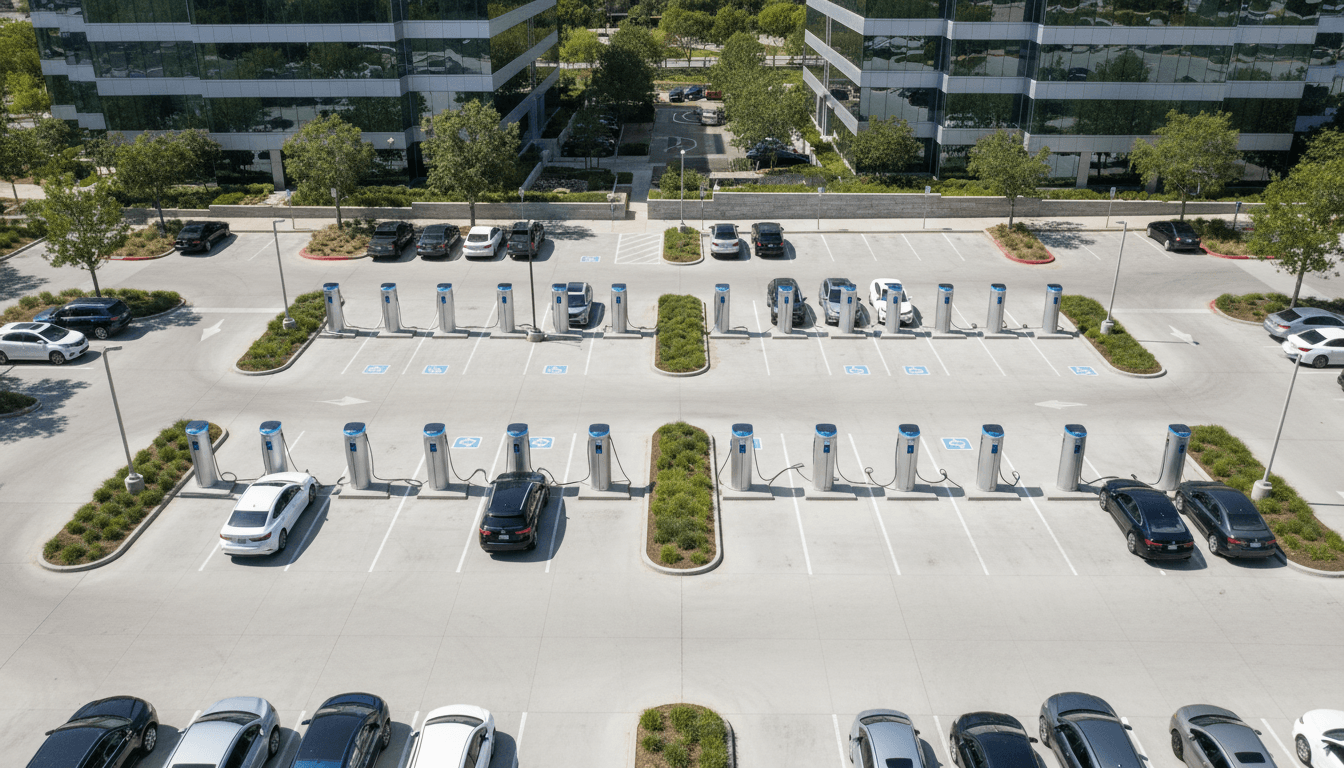 Multiple electric vehicles plugged into charging stations in a commercial parking lot