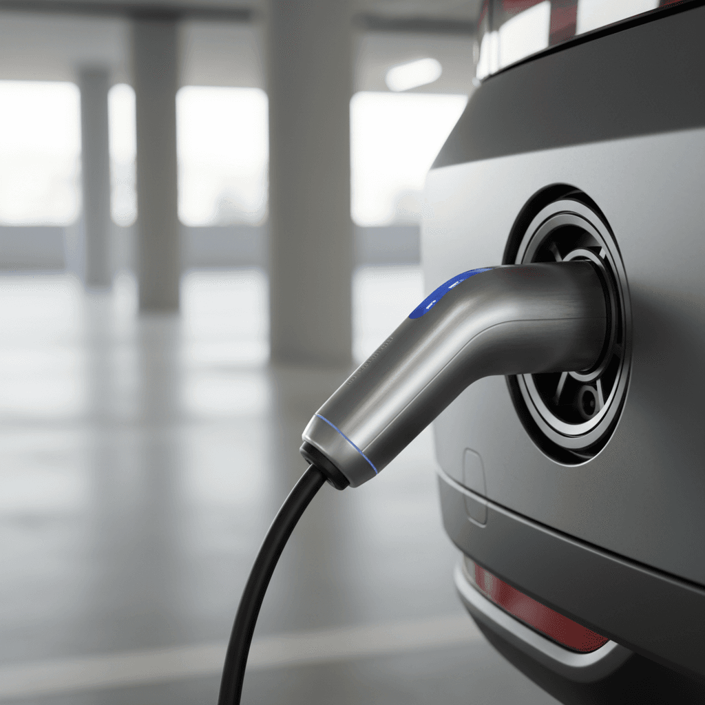Close-up of an EV charging cable plugged into a car