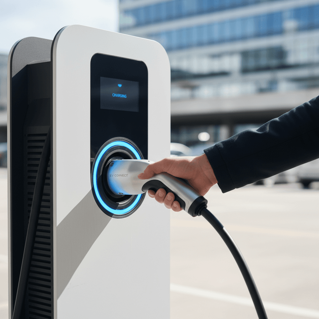 Electric vehicle connected to a commercial charging station