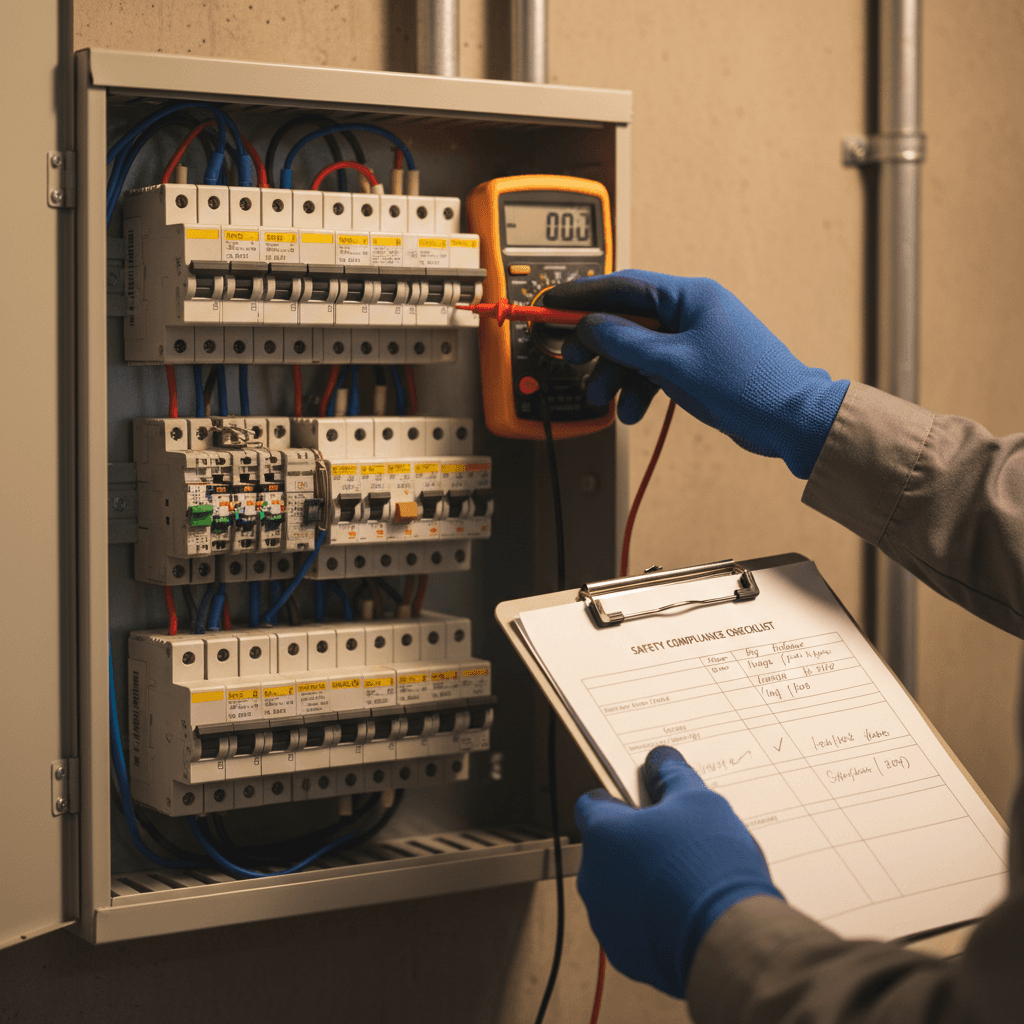 Electrician reviewing permit documents and code checklist at a worksite