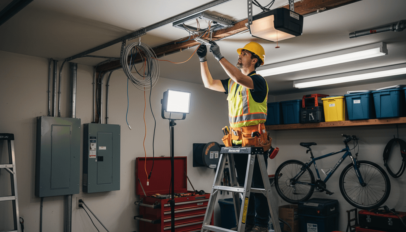 Friendly electrician on a phone call at a service van in a residential area
