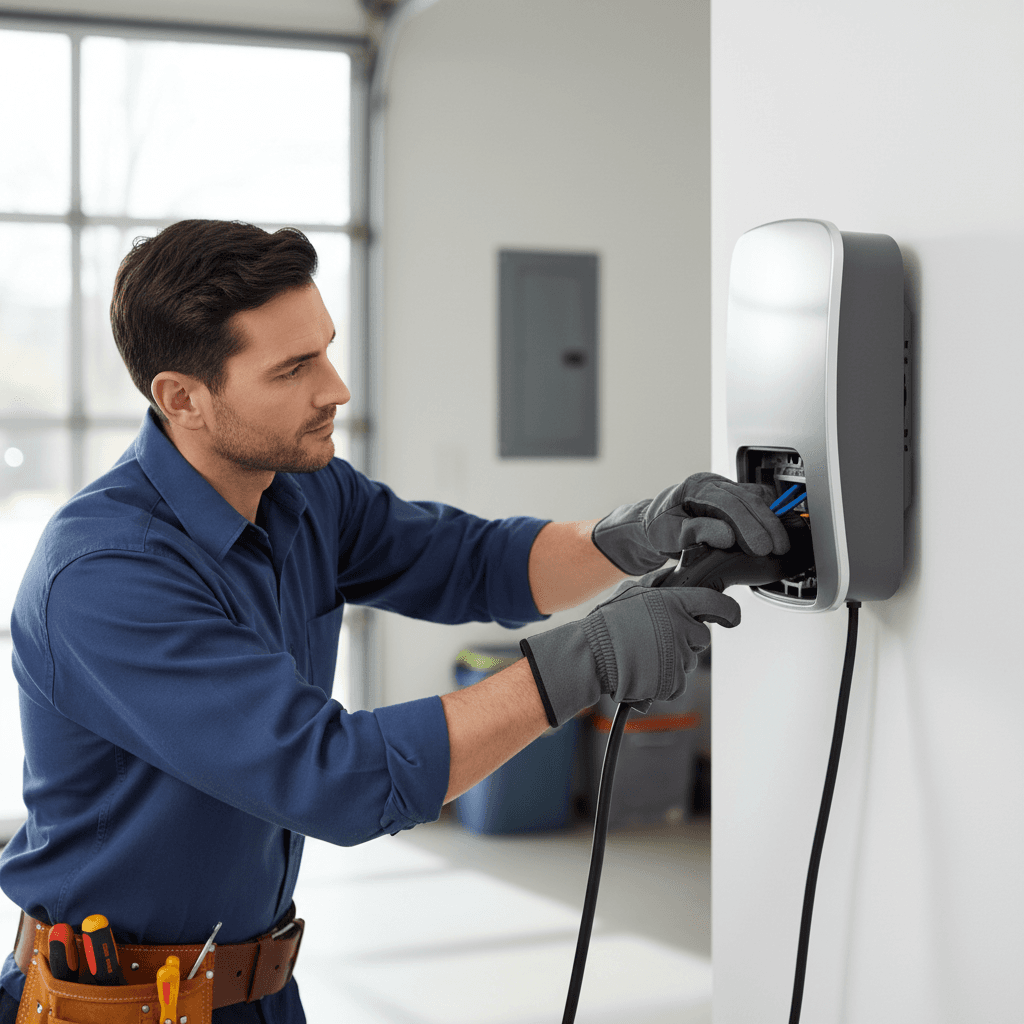 Electrician explaining EV charger setup to a homeowner