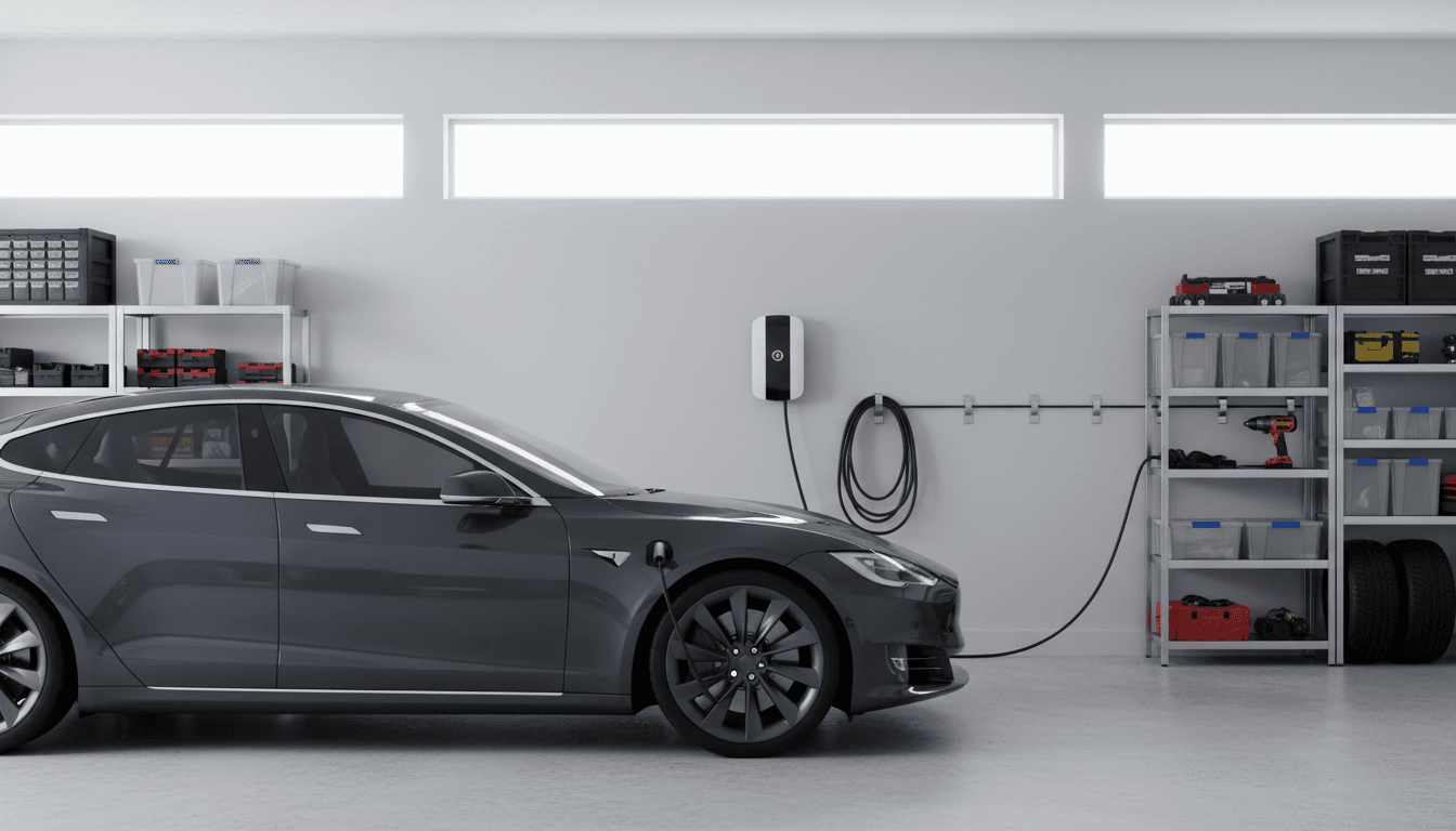 Level 2 EV charger mounted on a residential garage wall